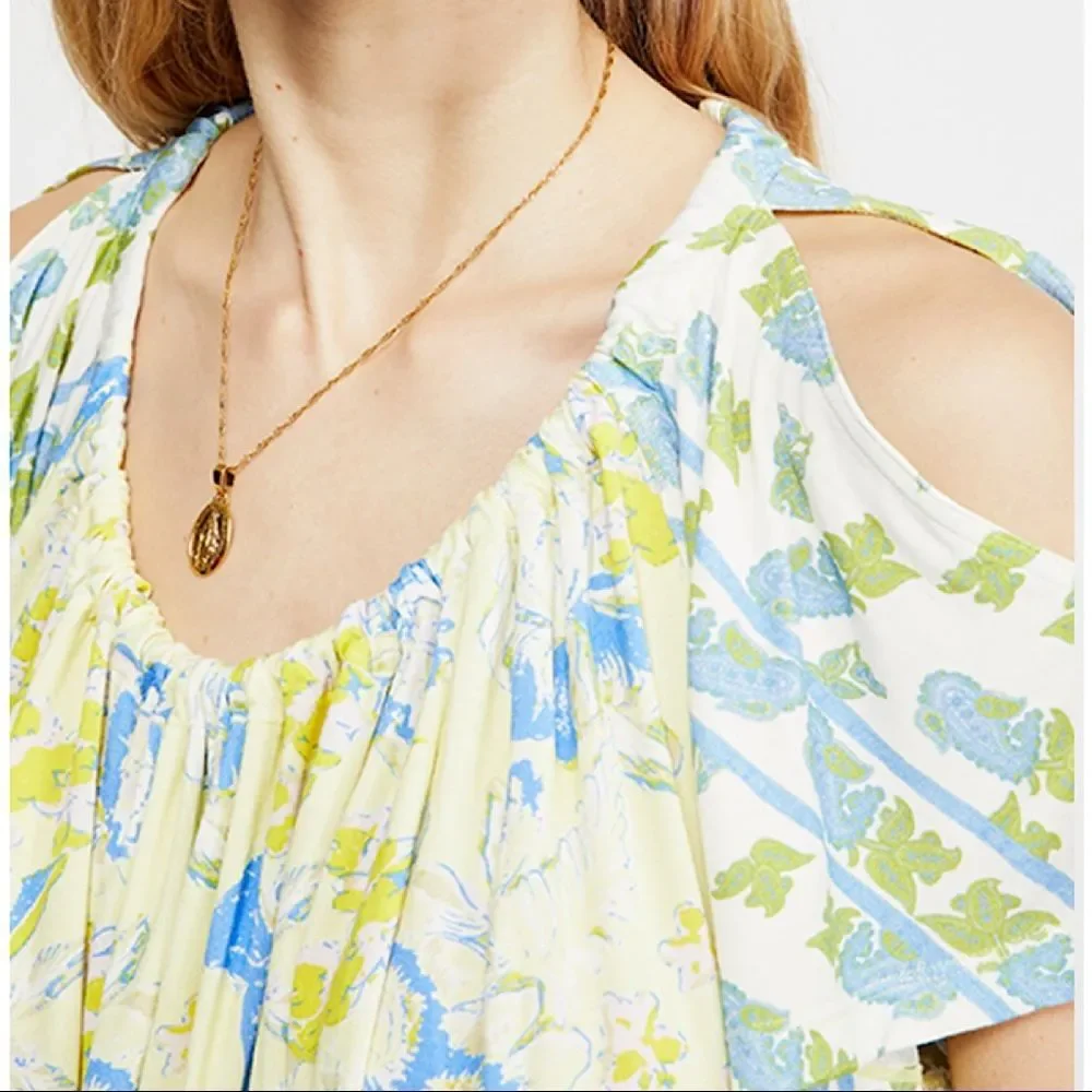 Free People Baja Babe Tee Lemon Gelato XS NWT Yellow Blue White Floral
